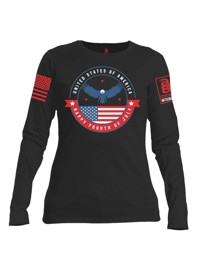 Battleraddle USA Happy Fourth of July Red Sleeve Print Womens Cotton Long Sleeve Crew Neck T Shirt shirt|custom|veterans|Women-Long Sleeves Crewneck Shirt