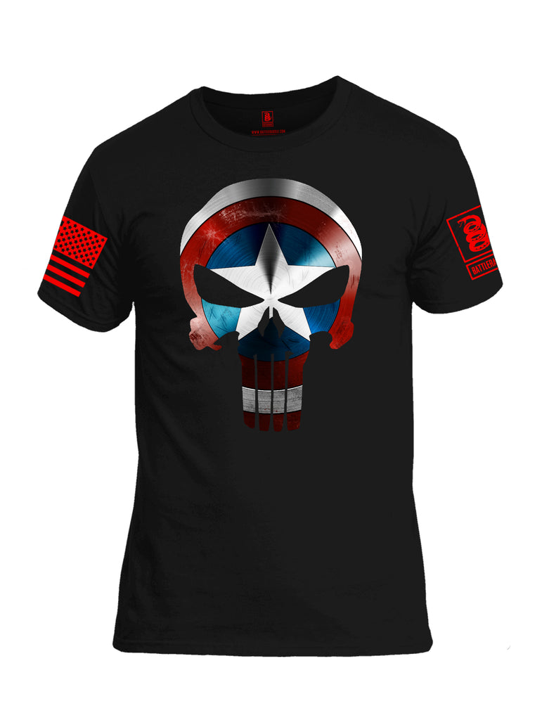 Battleraddle Captain Punisher America Shield Skull V1 Red Sleeve Print Mens Cotton Crew Neck T Shirt - Battleraddle® LLC