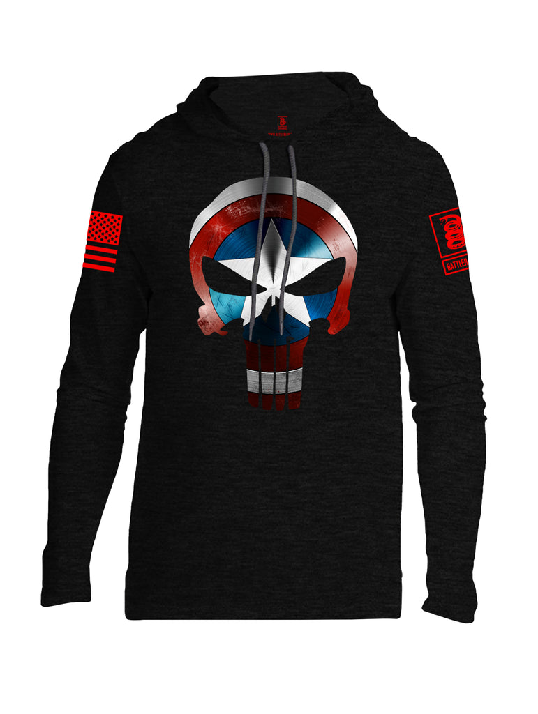 Battleraddle Captain Punisher America Shield Skull V1 Red Sleeve Print Mens Thin Cotton Lightweight Hoodie - Battleraddle® LLC