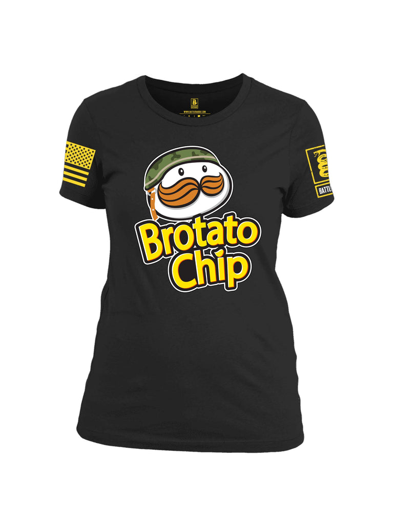 Battleraddle Brotato Chip Yellow Sleeve Print Womens Cotton Crew Neck T Shirt