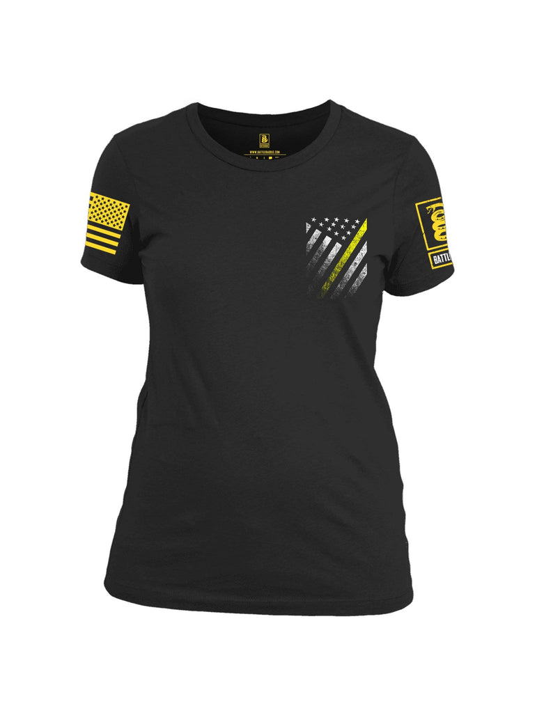 Battleraddle USA Yellow Thin Line Series Flag Yellow Sleeve Print Womens Cotton Crew Neck T Shirt shirt|custom|veterans|Apparel-Womens T Shirt-cotton