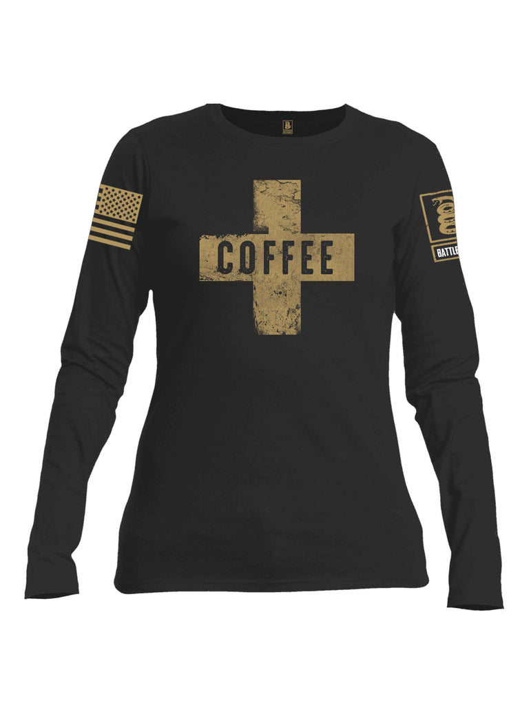 Battleraddle Coffee Cross Brass Sleeve Print Womens Cotton Long Sleeve Crew Neck T Shirt