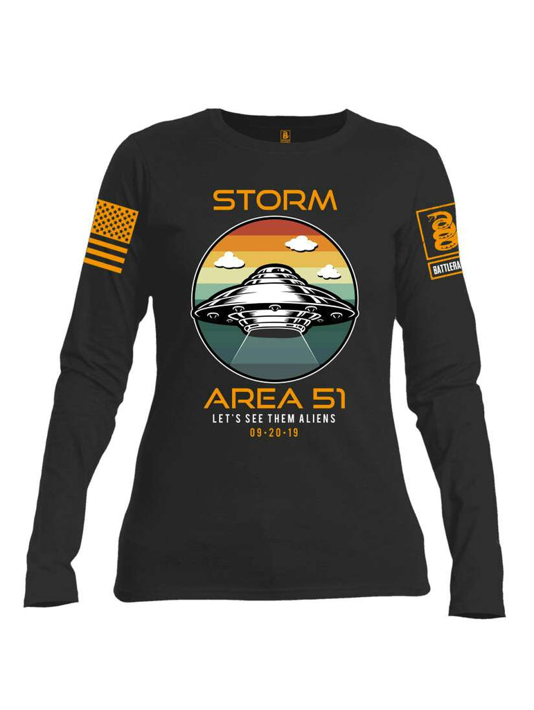 Battleraddle Storm Area 51 Let's See Them Aliens Orange Sleeve Print Womens Cotton Long Sleeve Crew Neck T Shirt