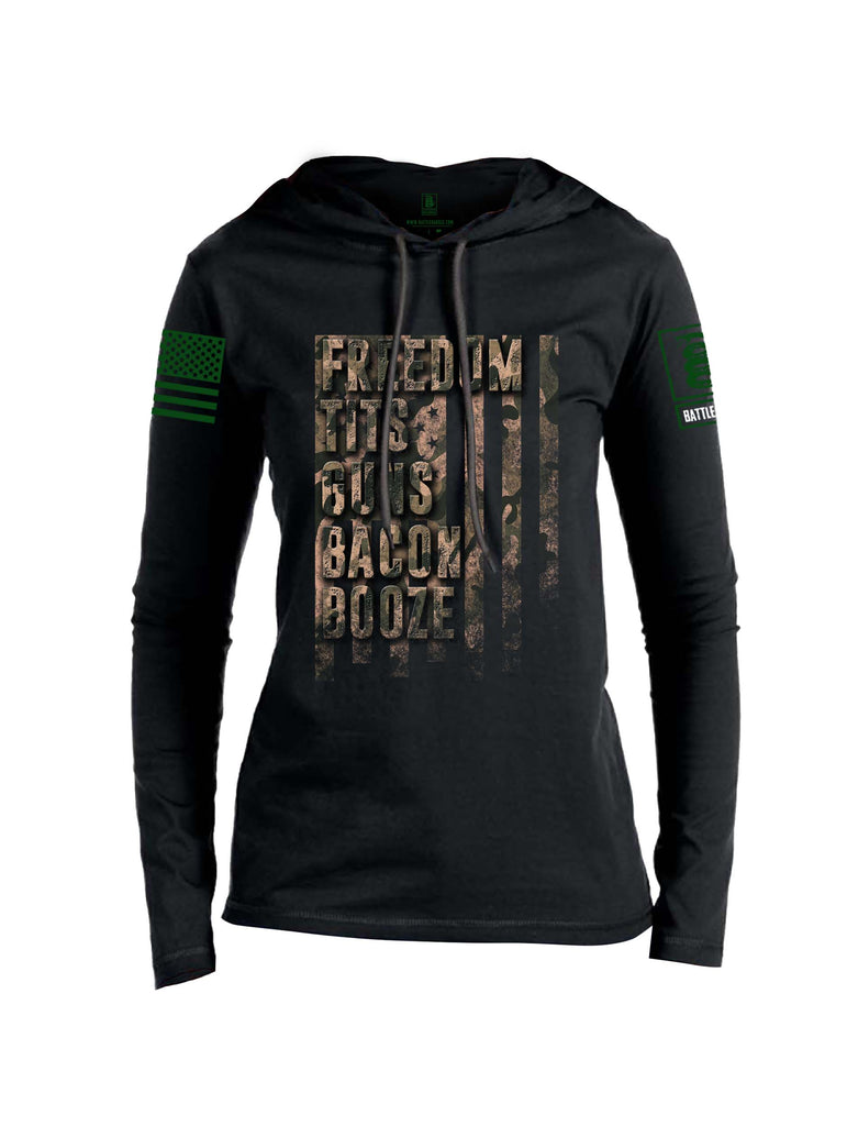 Battleraddle Freedom Tits Guns Bacon Booze Green Sleeve Print Womens Thin Cotton Lightweight Hoodie