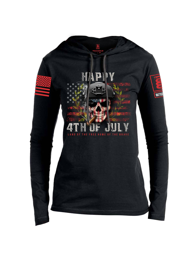 Battleraddle Happy 4th of July Land Of The Free Home Of The Brave Red Sleeve Print Womens Thin Cotton Lightweight Hoodie shirt|custom|veterans|Apparel-Womens Hoodie-Cotton