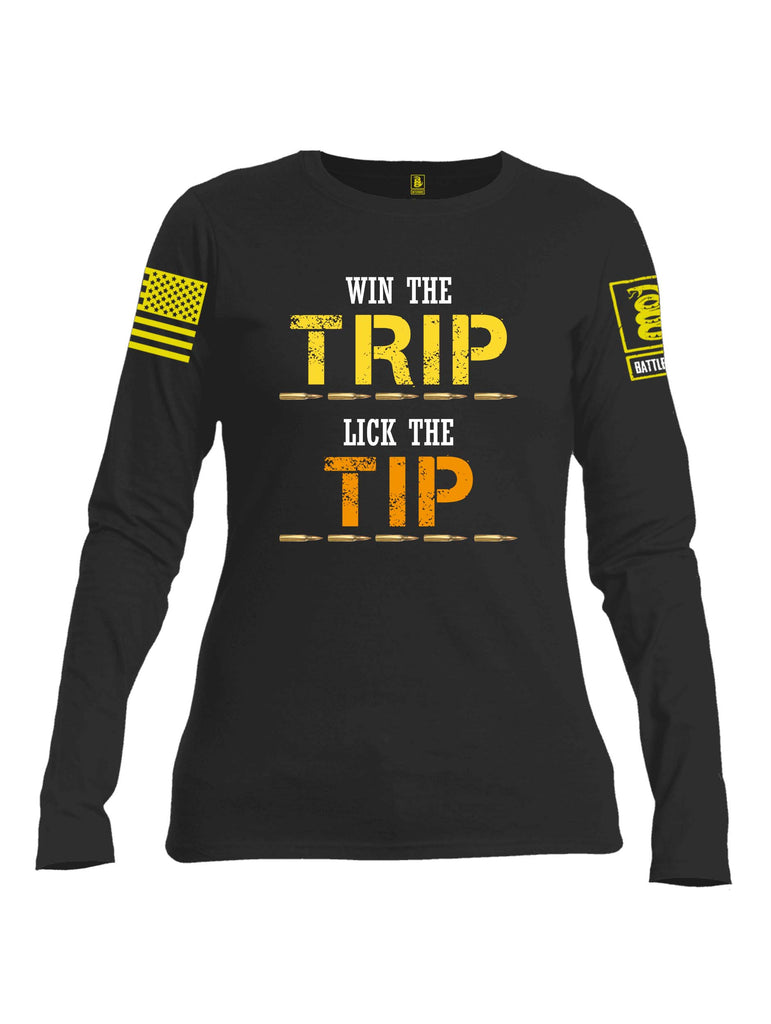Battleraddle Win The Trip Lick The Tip Yellow Sleeve Print Womens Cotton Long Sleeve Crew Neck T Shirt