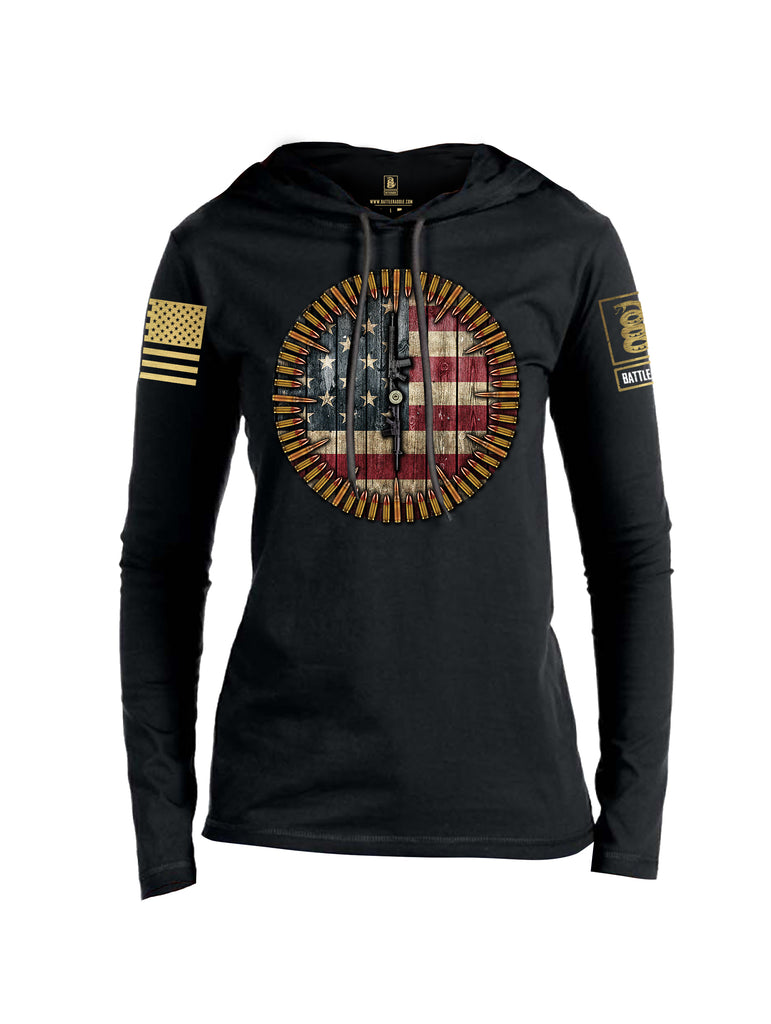 Battleraddle 6 O'clock American Flag Brass Sleeve Print Womens Thin Cotton Lightweight Hoodie