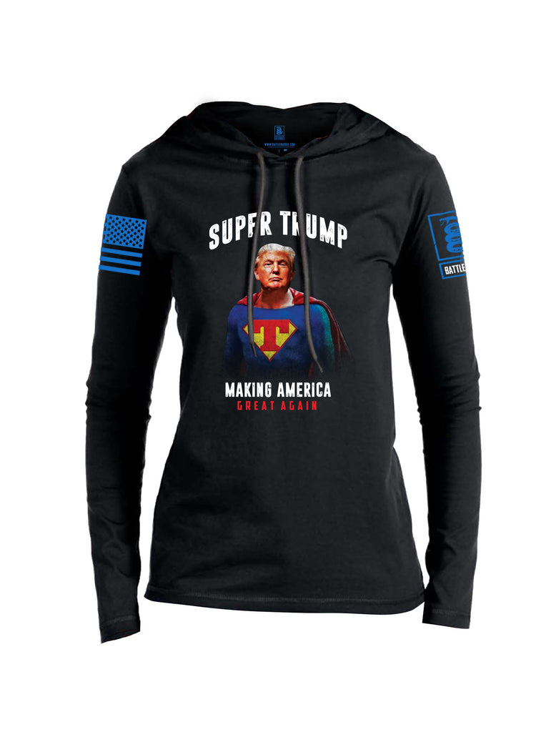 Battleraddle Super Trump Making America Great Again Blue Sleeve Print Womens Thin Cotton Lightweight Hoodie