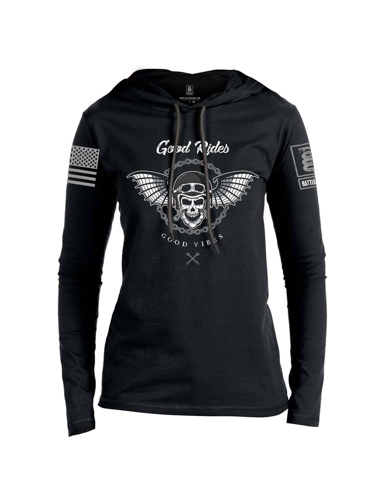 Battleraddle Good Rides Good Vibes Grey Sleeve Print Womens Thin Cotton Lightweight Hoodie shirt|custom|veterans|Apparel-Womens Hoodie-Cotton