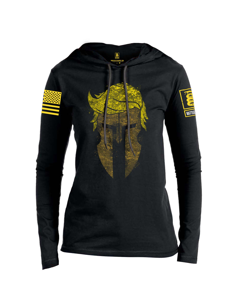 Battleraddle Mr. President Expounder Spartan Helm Yellow Sleeve Print Womens Thin Cotton Lightweight Hoodie