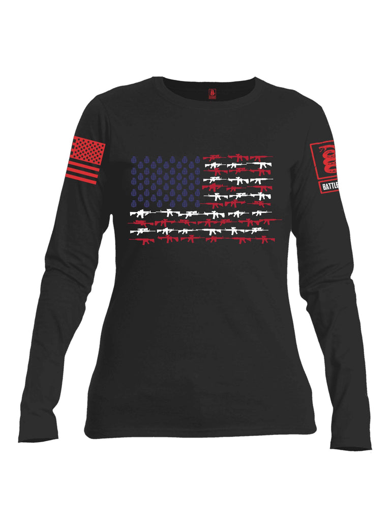 Battleraddle Rifle Gun Flag Red Sleeve Print Womens Cotton Long Sleeve Crew Neck T Shirt
