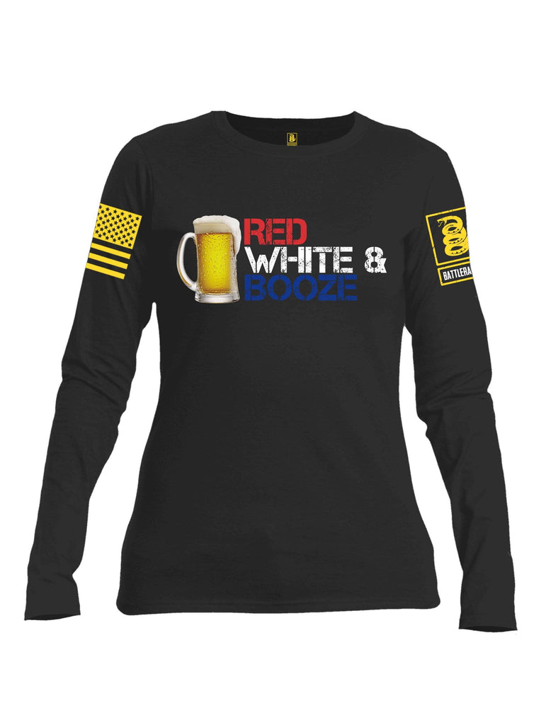 Battleraddle Red White & Booze Yellow Sleeve Print Womens Cotton Long Sleeve Crew Neck T Shirt shirt|custom|veterans|Women-Long Sleeves Crewneck Shirt