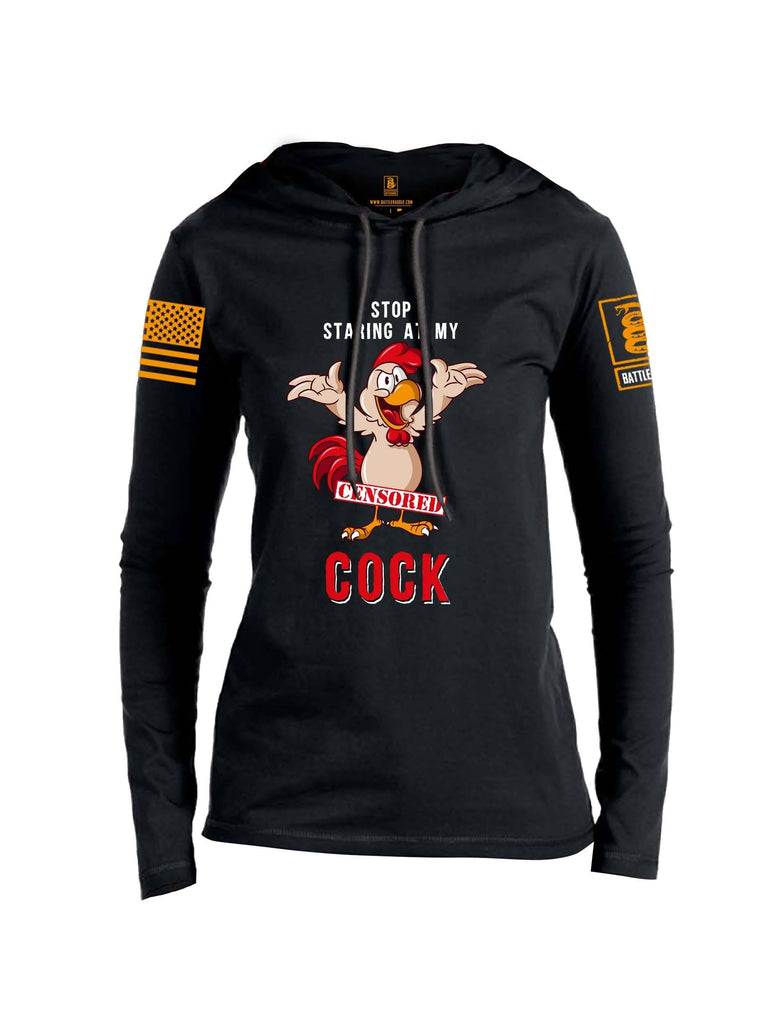 Battleraddle Stop Staring At My Censored Cock Orange Sleeve Print Womens Thin Cotton Lightweight Hoodie shirt|custom|veterans|Apparel-Womens Hoodie-Cotton