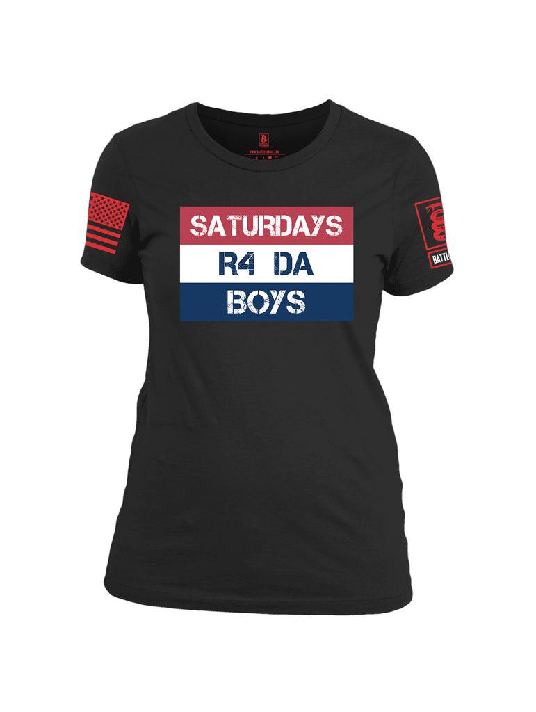 Battleraddle Saturdays R4 Da Boys Red Sleeve Print Womens 100% Battlefit Polyester Crew Neck T Shirt