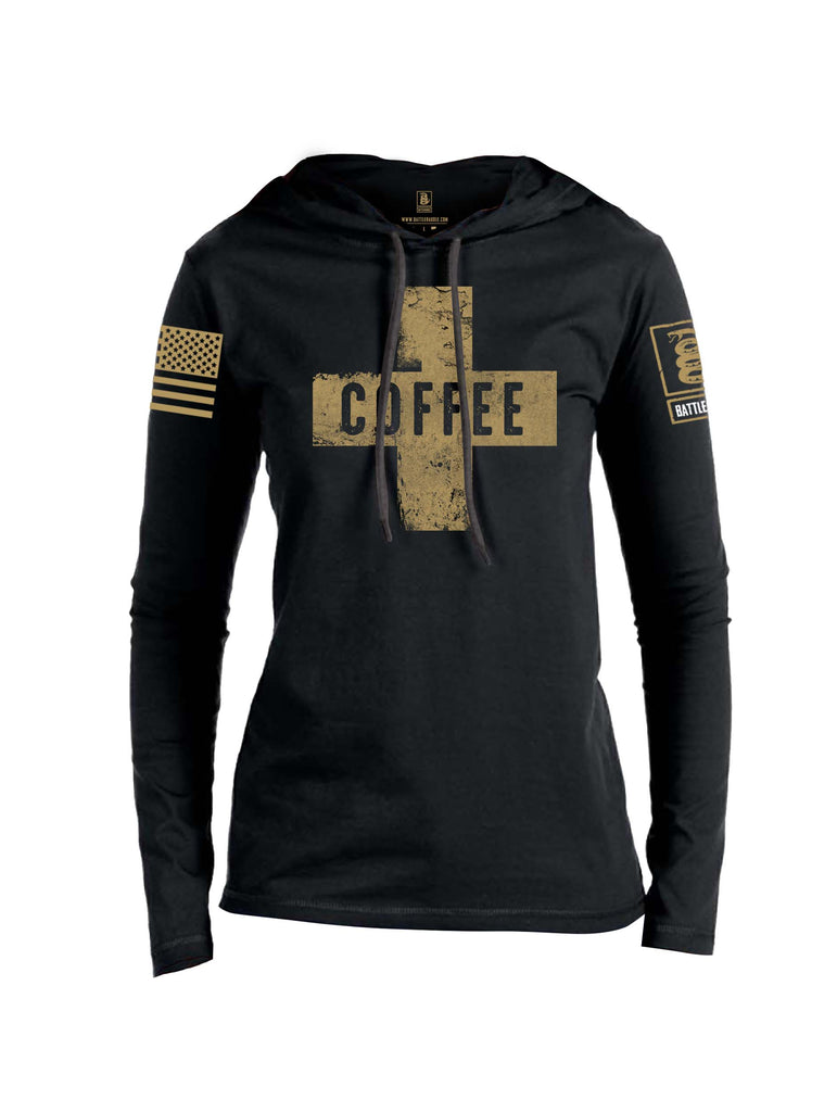 Battleraddle Coffee Cross Brass Sleeve Print Womens Thin Cotton Lightweight Hoodie