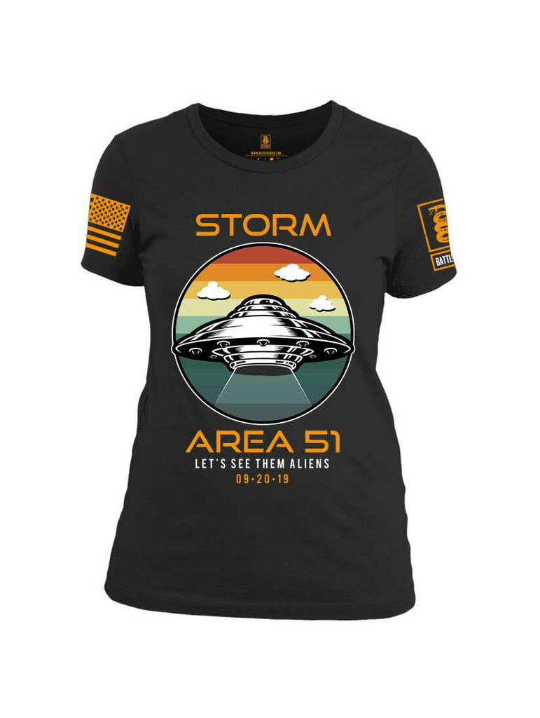 Battleraddle Storm Area 51 Let's See Them Aliens Orange Sleeve Print Womens Cotton Crew Neck T Shirt