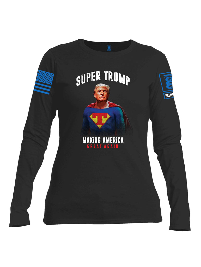 Battleraddle Super Trump Making America Great Again Blue Sleeve Print Womens Cotton Long Sleeve Crew Neck T Shirt