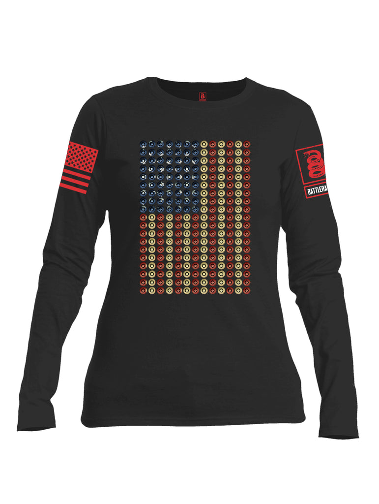 Battleraddle Bullet Casing USA Flag Red Sleeve Print Womens Cotton Long Sleeve Crew Neck T Shirt