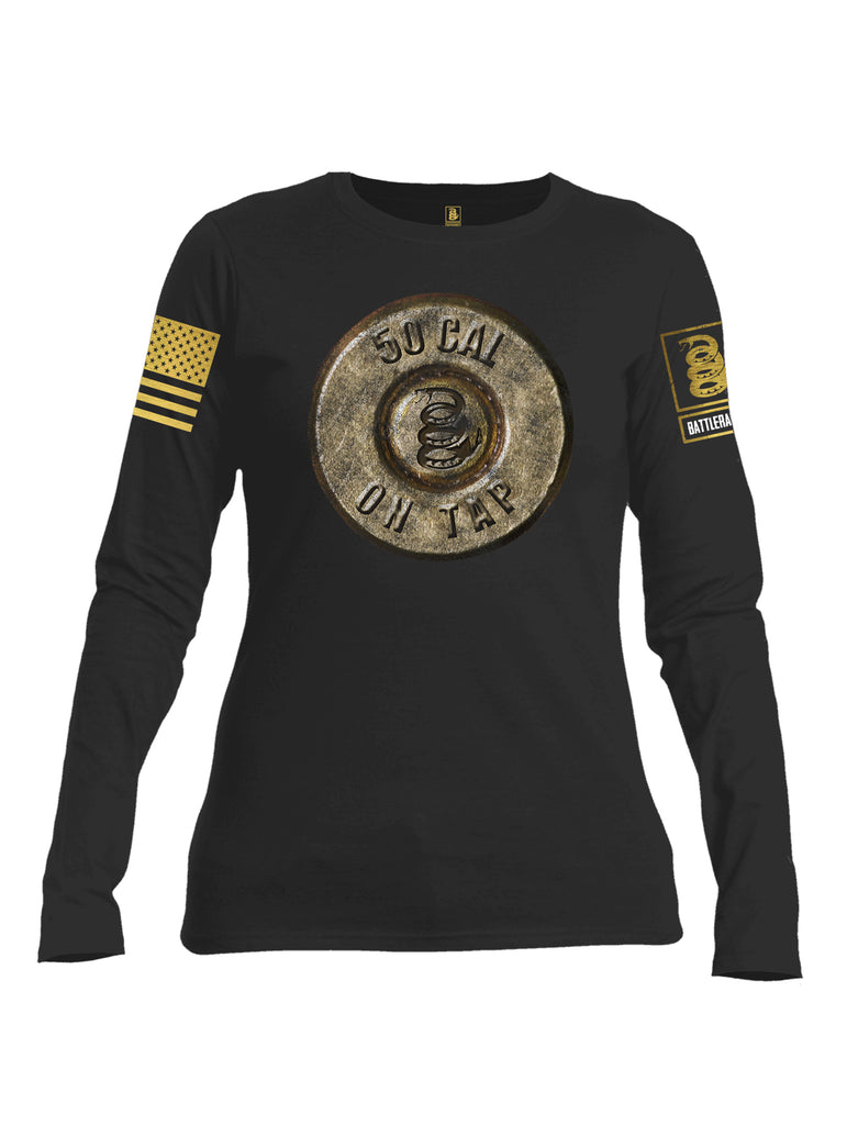 Battleraddle 50 CAL On Tap Brass Sleeve Print Womens Cotton Long Sleeve Crew Neck T Shirt