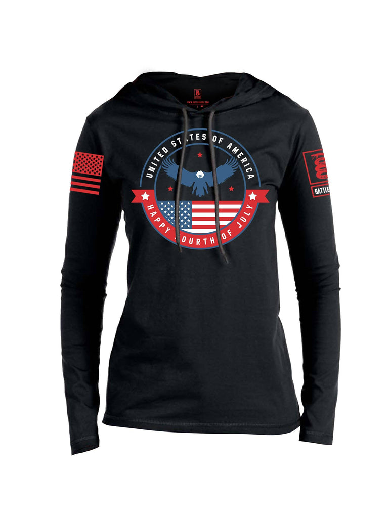 Battleraddle USA Happy Fourth of July Red Sleeve Print Womens Thin Cotton Lightweight Hoodie shirt|custom|veterans|Apparel-Womens Hoodie-Cotton