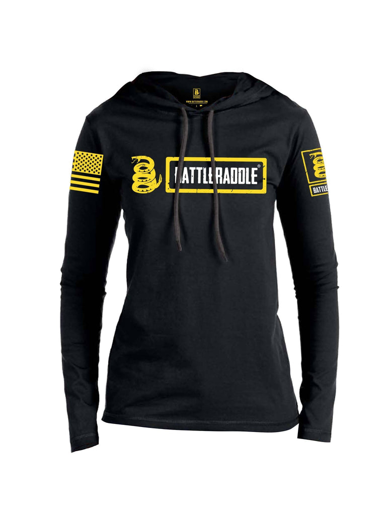 Battleraddle Original Design Logo V1 Yellow Sleeve Print Womens Thin Cotton Lightweight Hoodie shirt|custom|veterans|Apparel-Womens Hoodie-Cotton