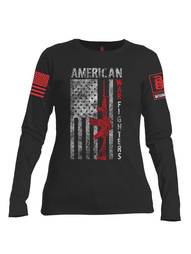 Battleraddle American War Fighters Red Sleeve Print Womens Cotton Long Sleeve Crew Neck T Shirt