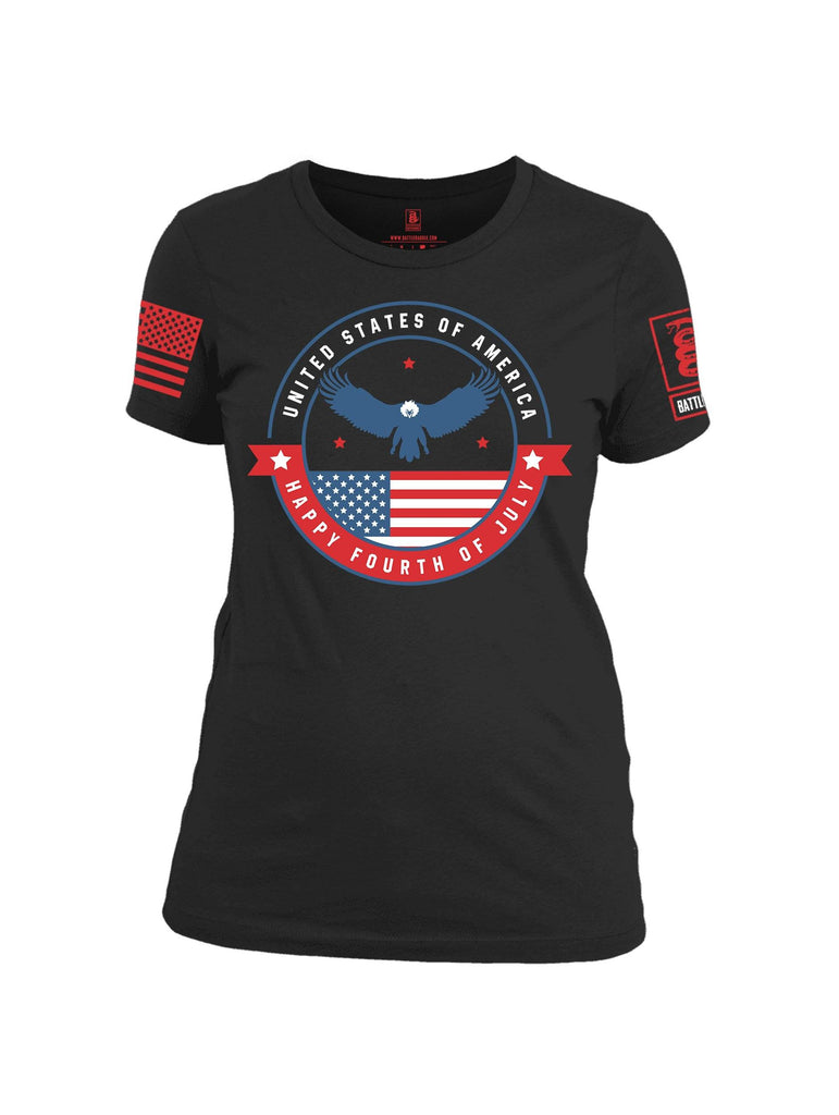 Battleraddle USA Happy Fourth of July Red Sleeve Print Womens 100% Battlefit Polyester Crew Neck T Shirt shirt|custom|veterans|Apparel-Womens Shirts-Polyester