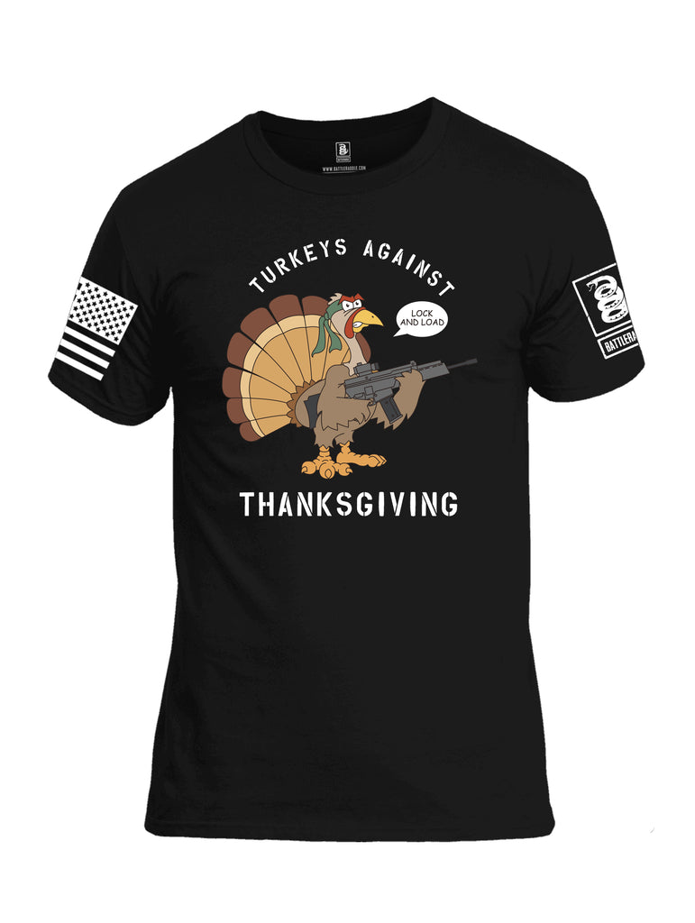 Battleraddle Turkeys Against Thanksgiving Lock And Load White Sleeve Print Mens Cotton Crew Neck T Shirt