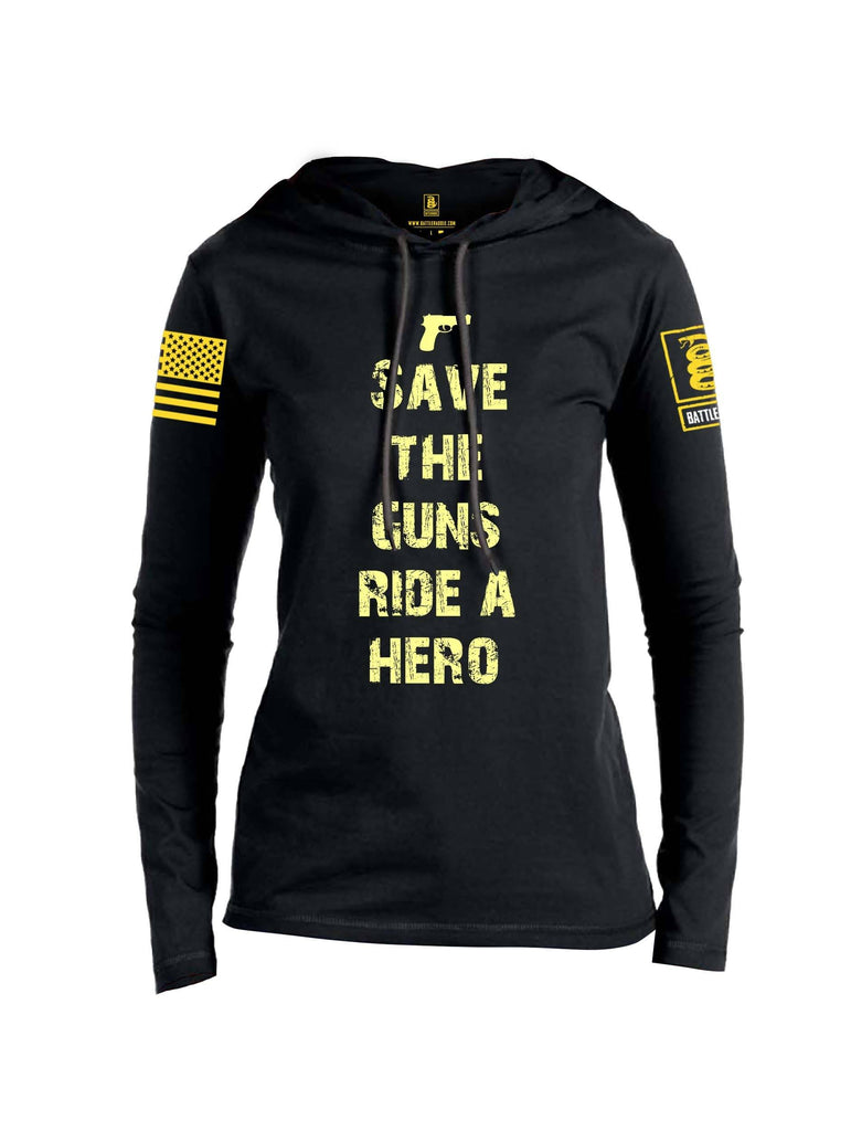 Battleraddle Save The Guns Ride A Hero Yellow Sleeve Print Womens Thin Cotton Lightweight Hoodie shirt|custom|veterans|Apparel-Womens Hoodie-Cotton