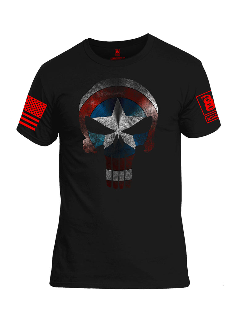 Battleraddle Captain Punisher America Shield Skull V2 Red Sleeve Print Mens Cotton Crew Neck T Shirt - Battleraddle® LLC