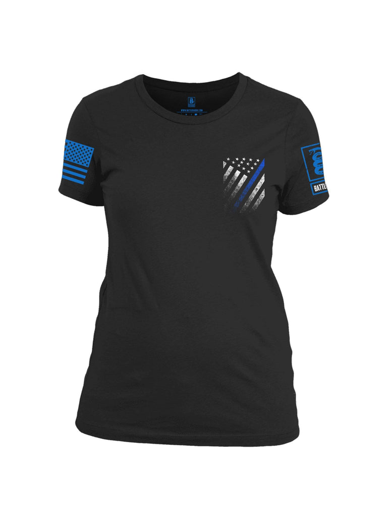 Battleraddle USA Blue Thin Line Series Flag Blue Sleeve Print Womens Cotton Crew Neck T Shirt shirt|custom|veterans|Apparel-Womens T Shirt-cotton