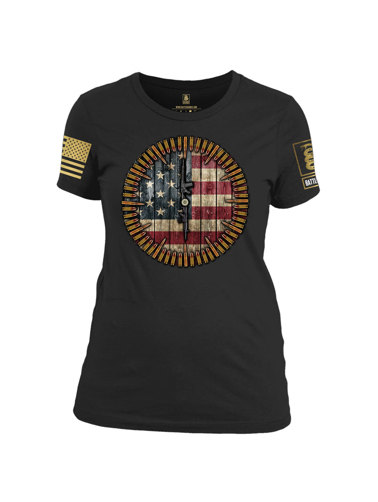 Battleraddle 6 O'clock American Flag Brass Sleeve Print Womens Cotton Crew Neck T Shirt