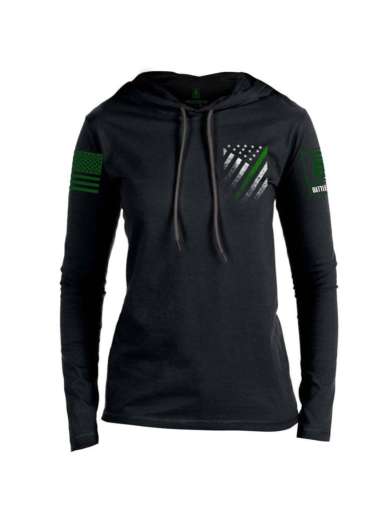 Battleraddle USA Green Thin Line Series Flag Green Sleeve Print Womens Thin Cotton Lightweight Hoodie shirt|custom|veterans|Apparel-Womens Hoodie-Cotton