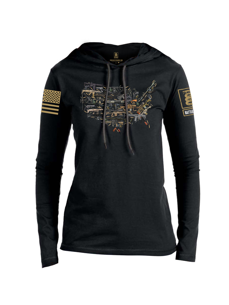 Battleraddle USA Rifle Land Brass Sleeve Print Womens Thin Cotton Lightweight Hoodie