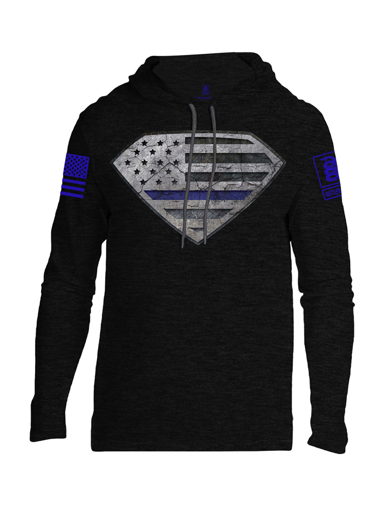 Battleraddle Super USA Flag Blue Line vs Bat Police Hero Blue Line USA Flag Blue Sleeve Print Mens Thin Cotton Lightweight Hoodie