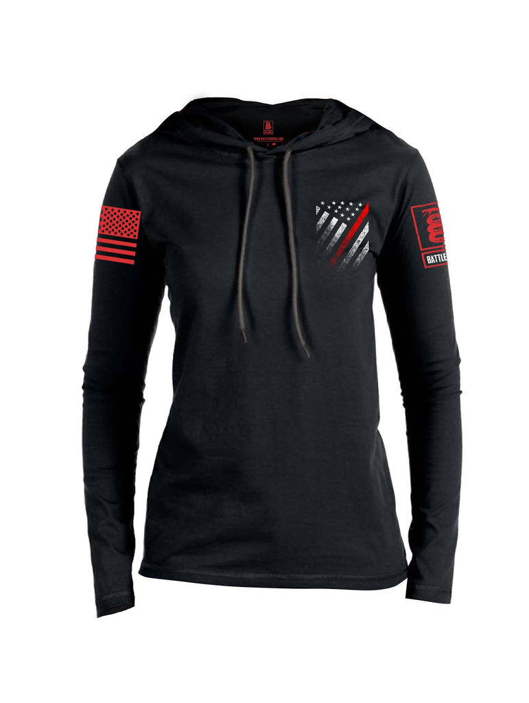 Battleraddle USA Red Thin Line Series Flag Red Sleeve Print Womens Thin Cotton Lightweight Hoodie shirt|custom|veterans|Apparel-Womens Hoodie-Cotton