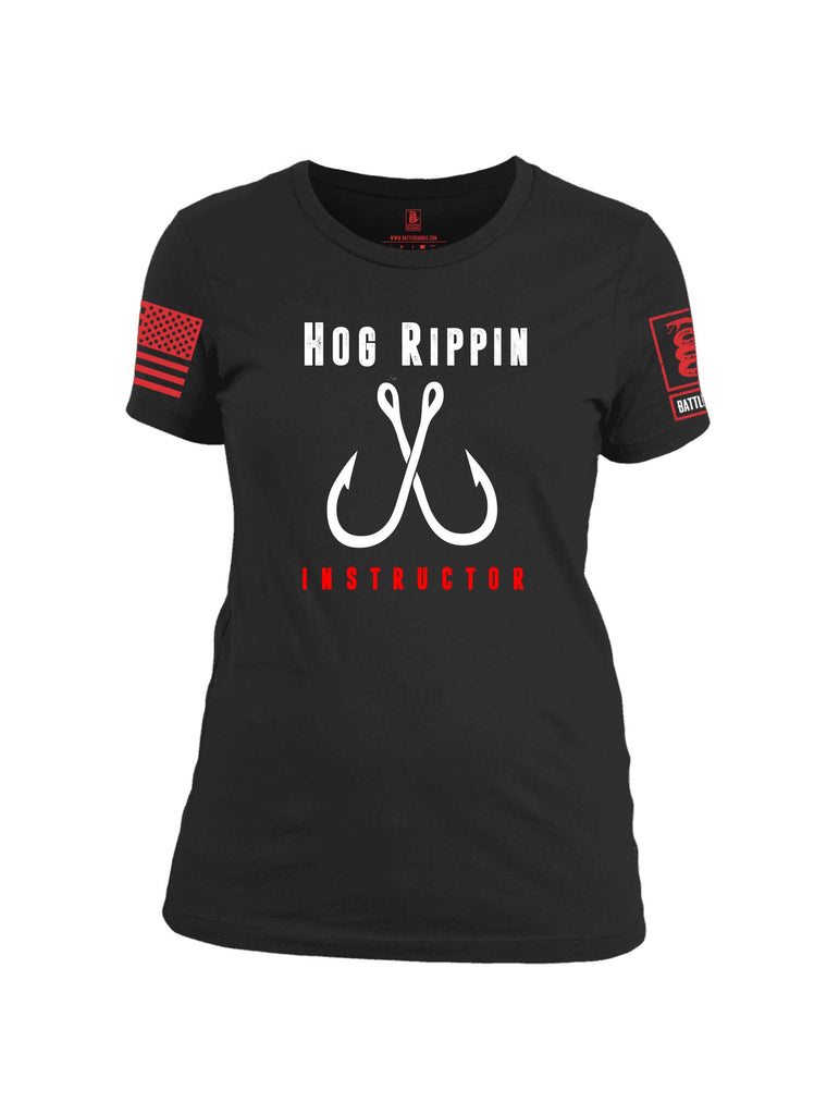 Battleraddle Hog Rippin Instructor Red Sleeve Print Womens Cotton Crew Neck T Shirt