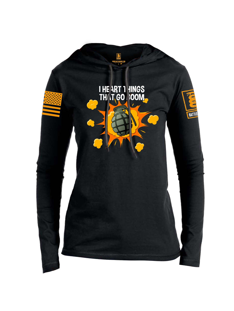 Battleraddle I Heart things That Go Boom Orange Sleeve Print Womens Thin Cotton Lightweight Hoodie