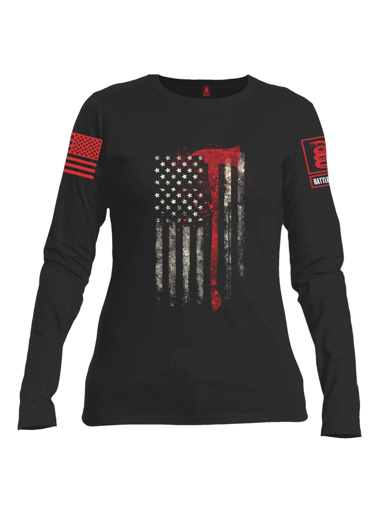 Battleraddle Firefighter Axe USA Flag Red Sleeve Print Womens Cotton Long Sleeve Crew Neck T Shirt shirt|custom|veterans|Women-Long Sleeves Crewneck Shirt