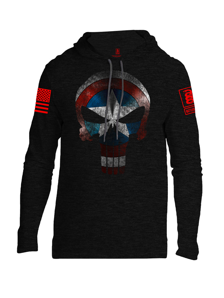 Battleraddle Captain Punisher America Shield Skull V2 Red Sleeve Print Mens Thin Cotton Lightweight Hoodie - Battleraddle® LLC