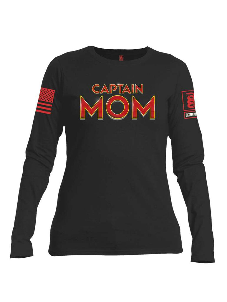 Battleraddle Captain Mom Red Sleeve Print Womens Cotton Long Sleeve Crew Neck T Shirt