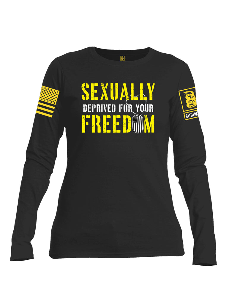 Battleraddle Sexually Deprived For Your Freedom Yellow Sleeve Print Womens Cotton Long Sleeve Crew Neck T Shirt