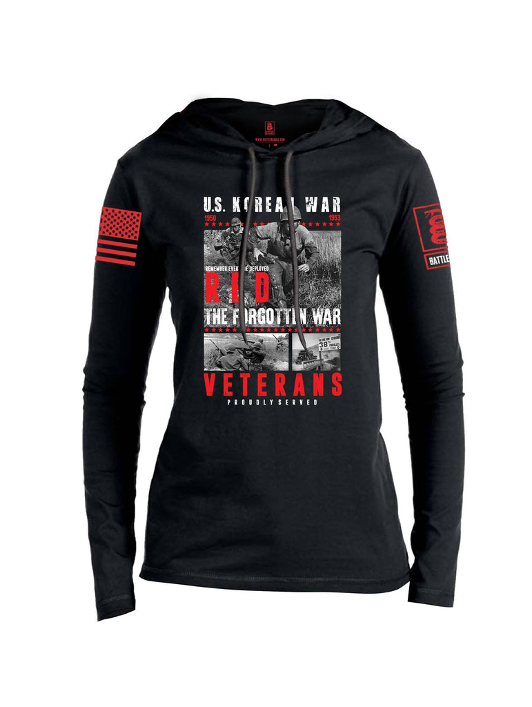 Battleraddle US Korean War RED Remember Everyone Deployed The Forgotten War Veterans Proudly Served Red Sleeve Print Womens Thin Cotton Lightweight Hoodie shirt|custom|veterans|Apparel-Womens Hoodie-Cotton