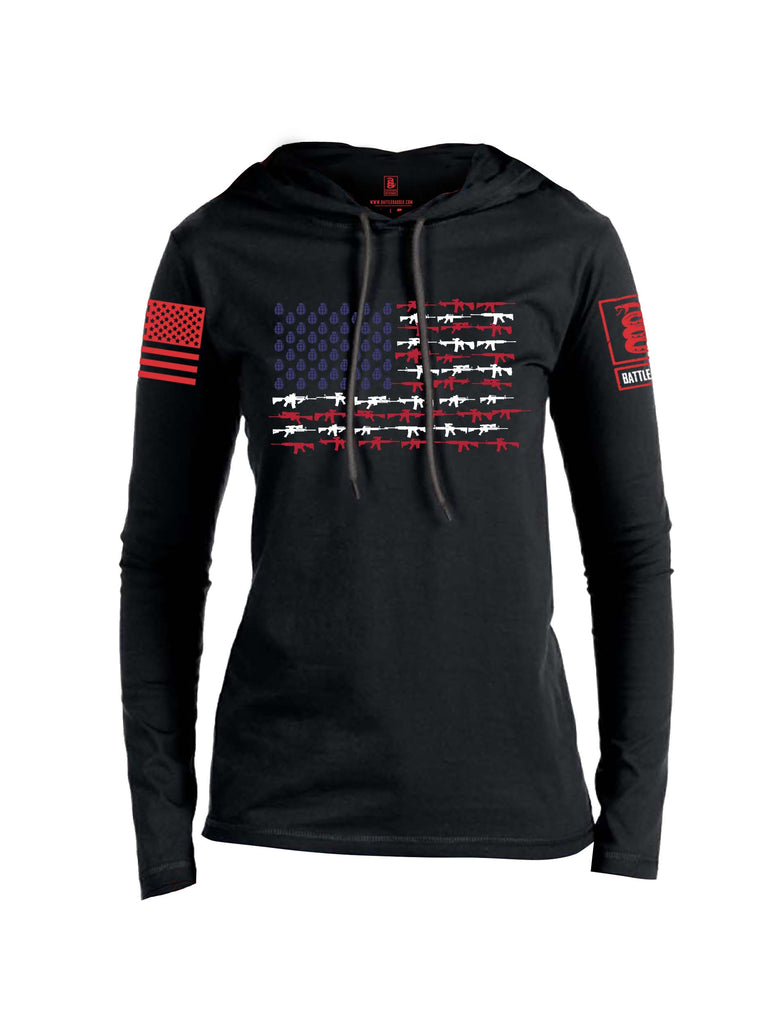 Battleraddle Rifle Gun Flag Red Sleeve Print Womens Thin Cotton Lightweight Hoodie