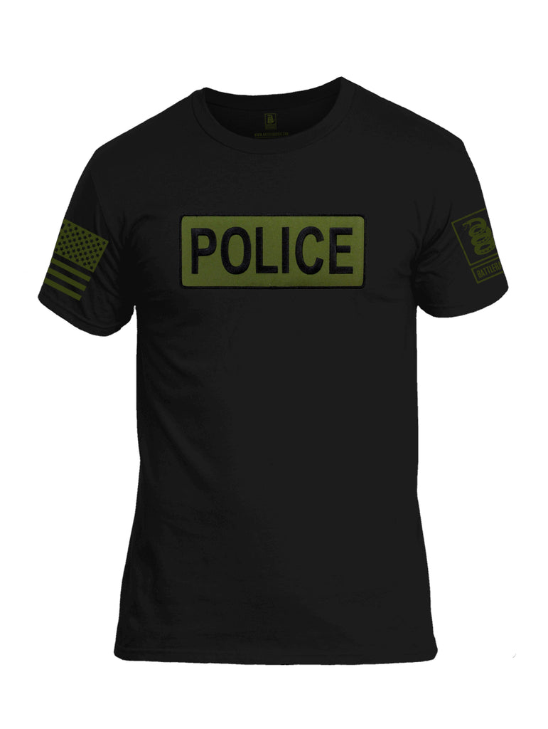 Battleraddle Police Patch Dark Green Sleeve Print Mens Cotton Crew Neck T Shirt