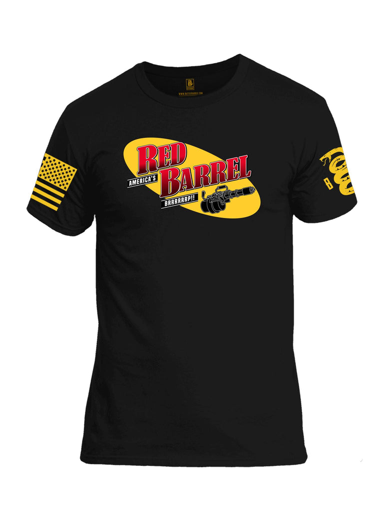 Battleraddle America's Red Barrel BRRRRRRP!! Yellow Sleeve Print Mens Cotton Crew Neck T Shirt - Battleraddle® LLC