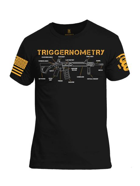 T.R.I.G.G.E.R.N.O.M.E.T.R.Y. ORANGE SLEEVE PRINT MENS BLACK COTTON T SHIRT