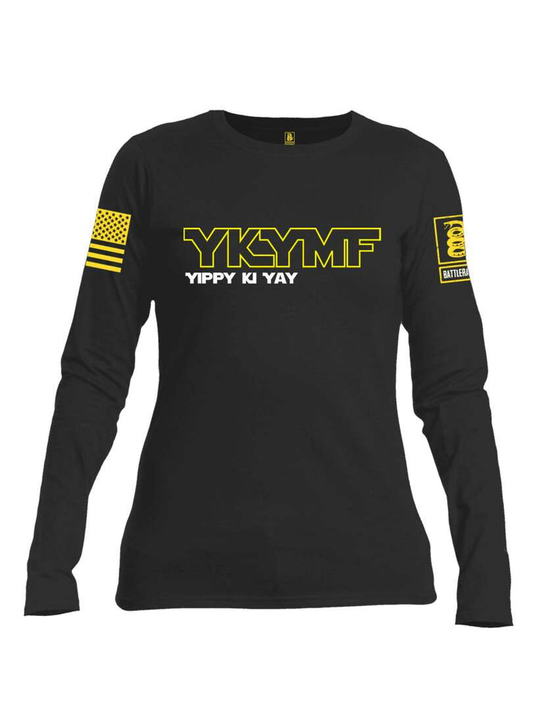 Battleraddle YKYMF Yippy Ki Yay Yellow Sleeve Print Womens Cotton Long Sleeve Crew Neck T Shirt
