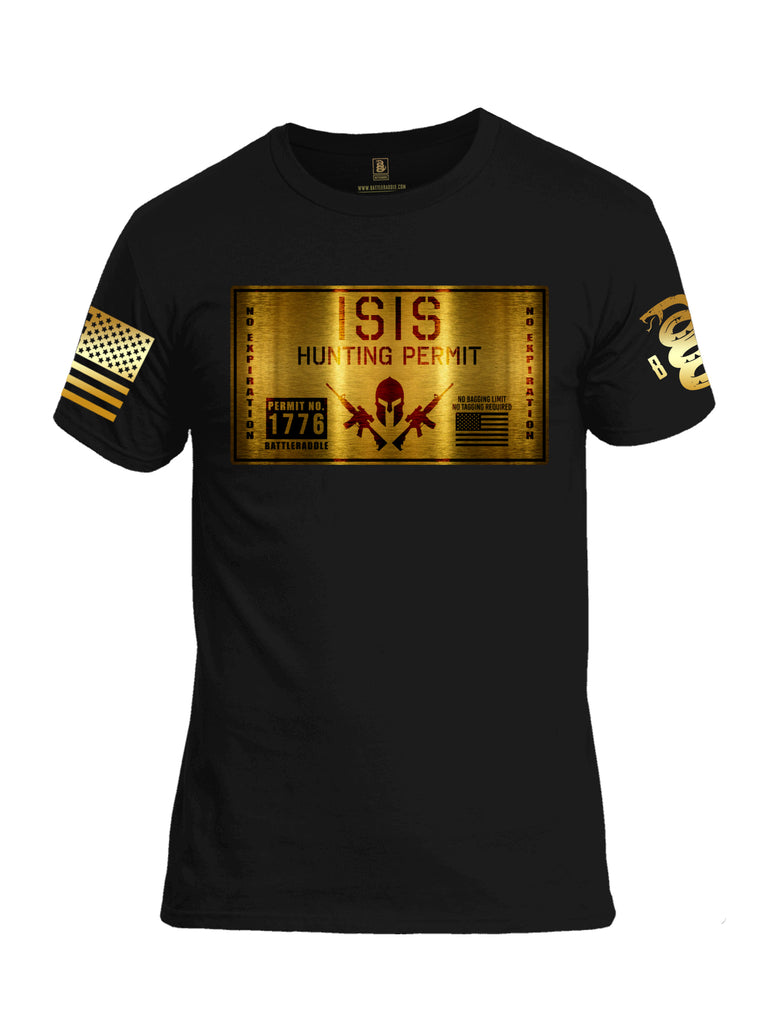 Battleraddle  Isis Hunting Permit Brass Sleeve Print Mens Cotton Crew Neck T Shirt - Battleraddle® LLC