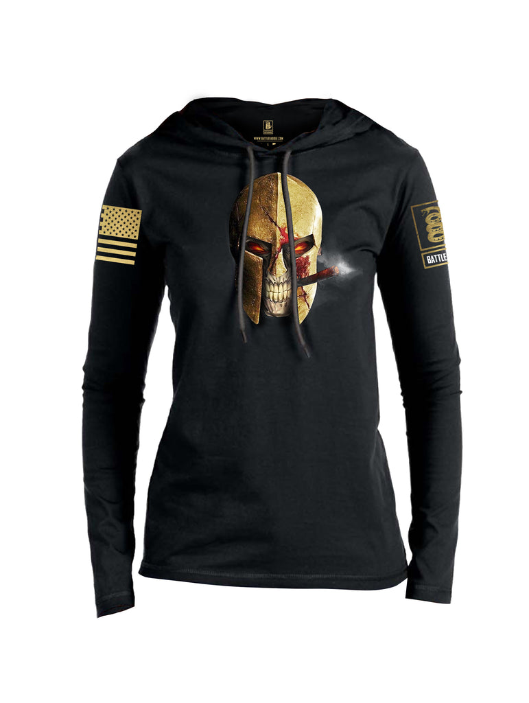 Battleraddle Smoking Spartan Skull Brass Sleeve Print Womens Thin Cotton Lightweight Hoodie